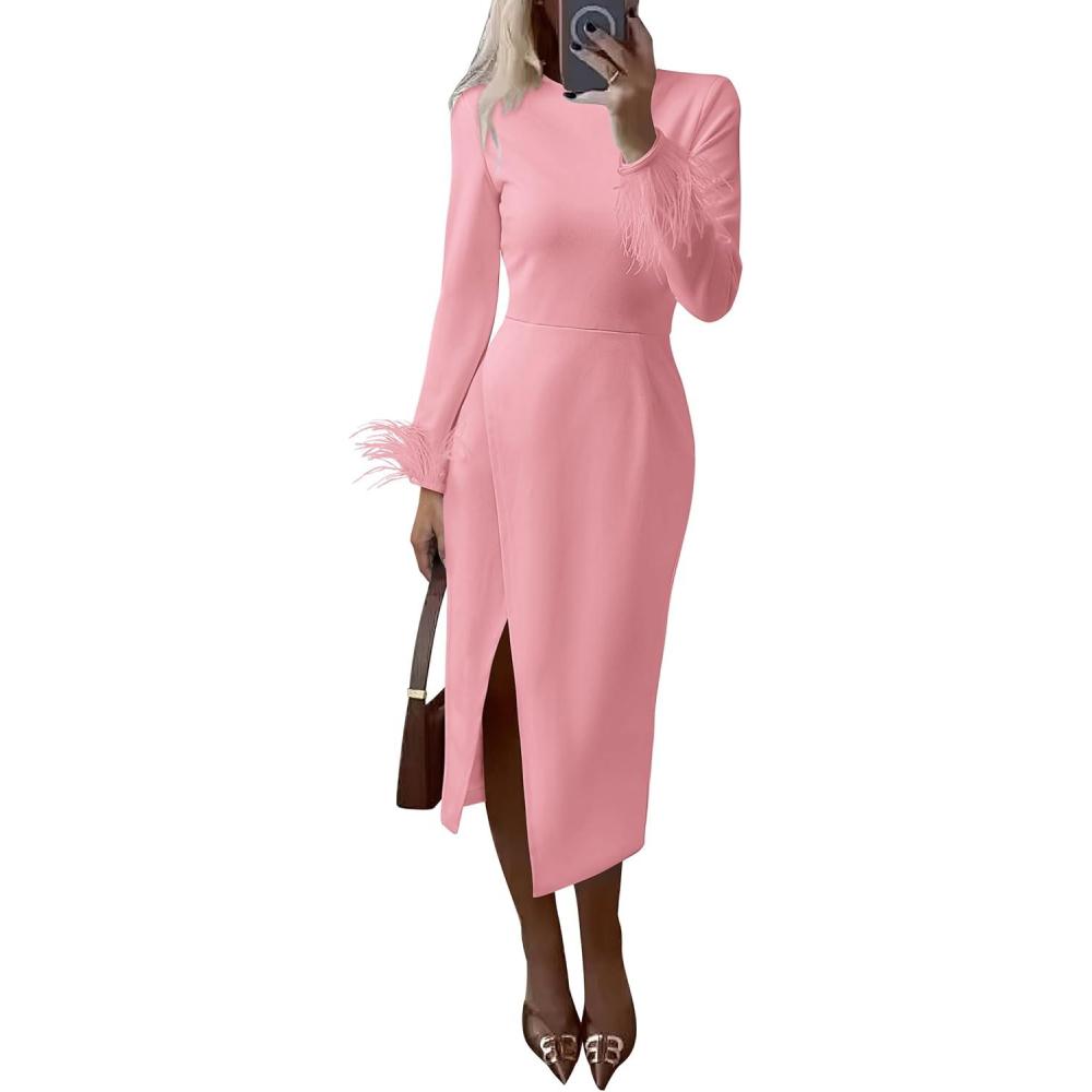 imagePRETTYGARDEN Womens 2025 Fall Long Sleeve Dress Formal Midi Bodycon Wrap Slit Feather Elegant Wedding Guest Cocktail DressesPink
