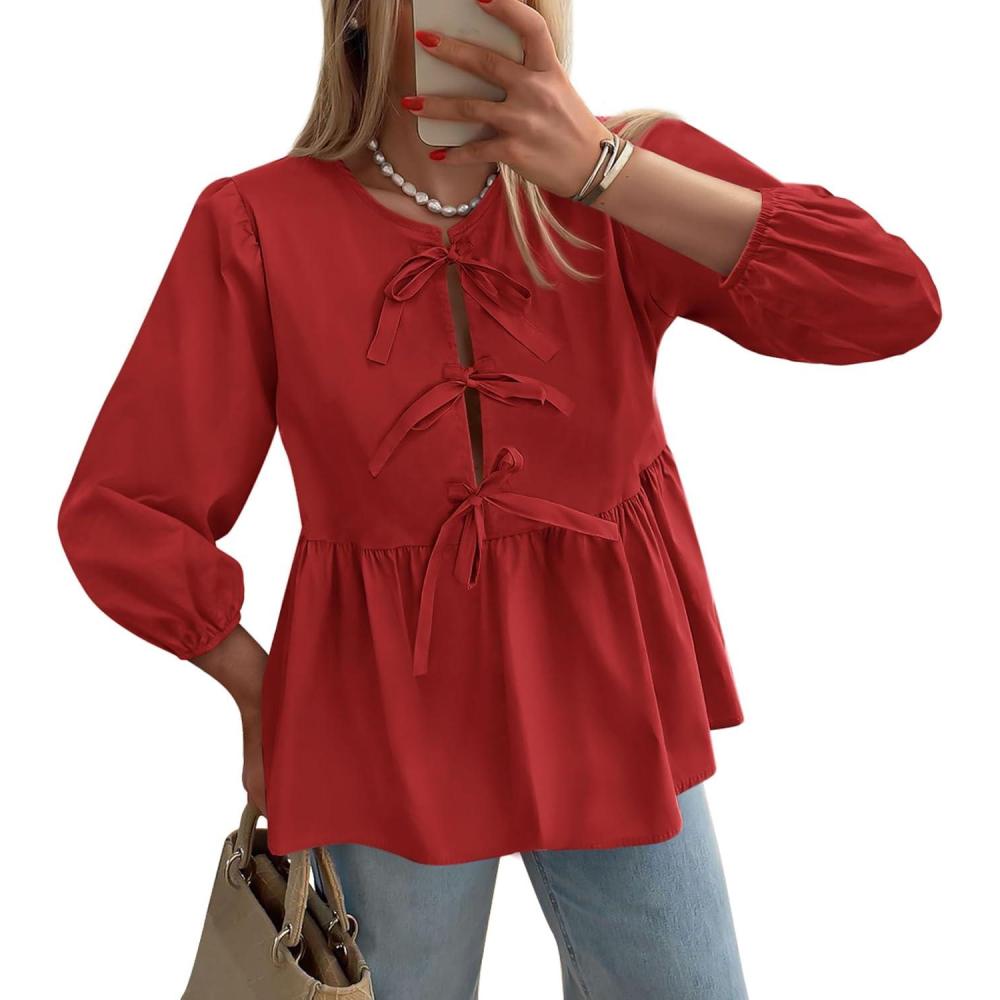 imagePRETTYGARDEN Womens Babydoll Tops 2025 Spring Trendy 34 Length Puff Sleeve Bow Tie Front Cute Peplum Blouses Shirts RedMedium