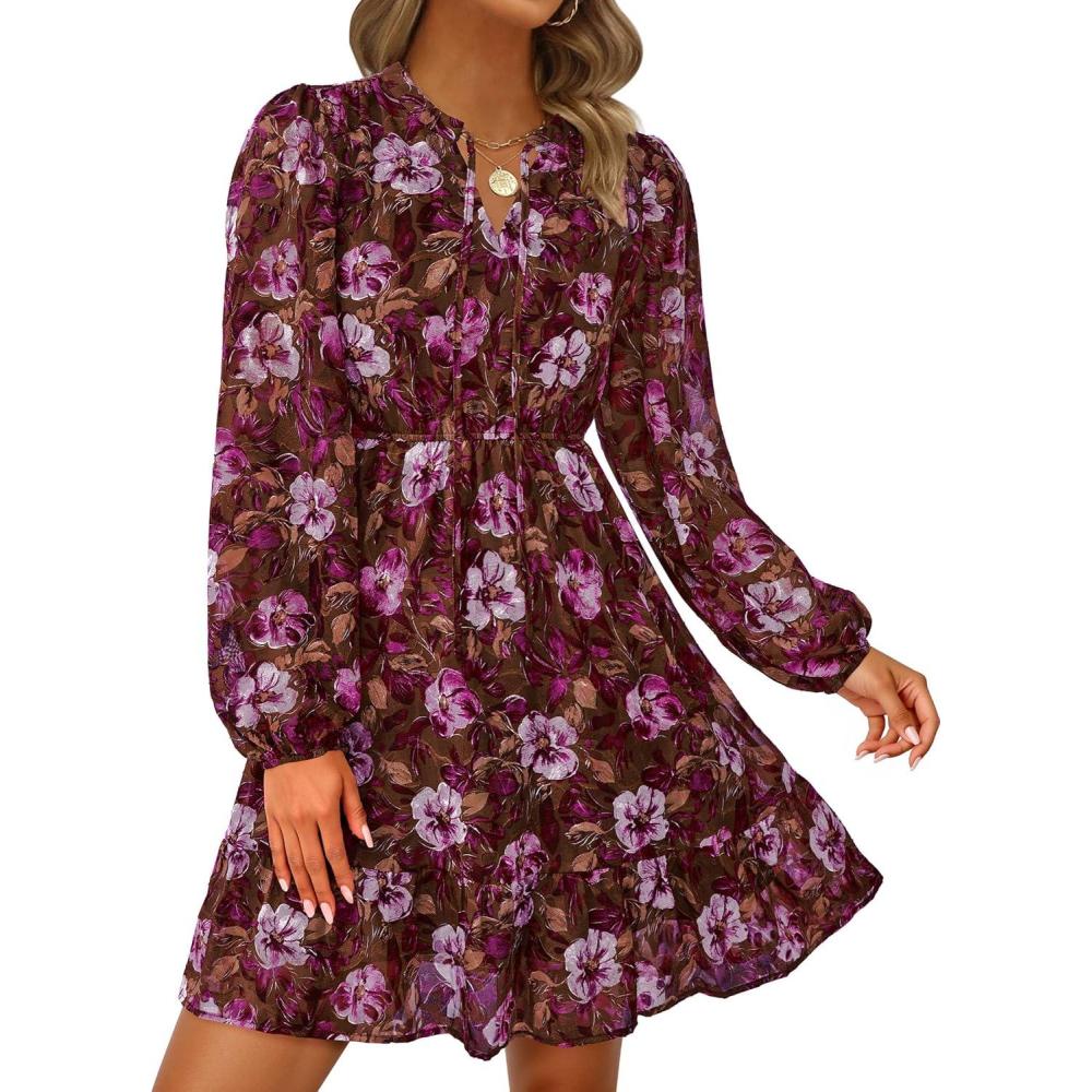 imagePRETTYGARDEN Womens Fall Boho Dresses 2026 Floral Long Sleeve V Neck Mini Flowy Wedding Guest Dress Trendy Vacation OutfitsBrown