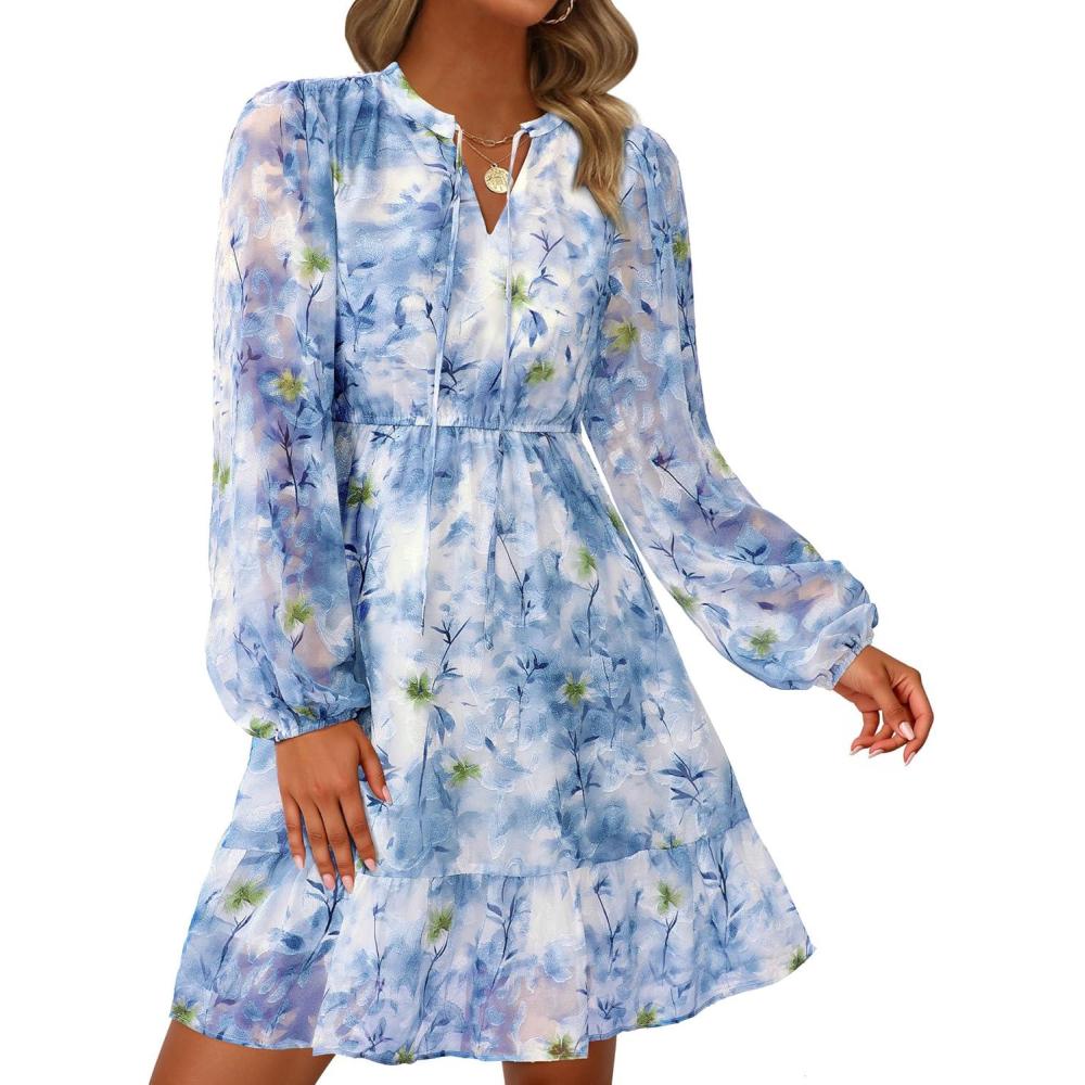 imagePRETTYGARDEN Womens Fall Boho Dresses 2026 Floral Long Sleeve V Neck Mini Flowy Wedding Guest Dress Trendy Vacation OutfitsFloral Blue