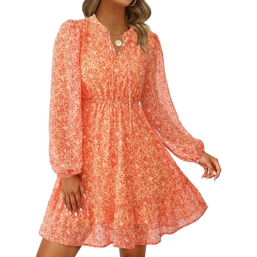 imagePRETTYGARDEN Womens Fall Boho Dresses 2026 Floral Long Sleeve V Neck Mini Flowy Wedding Guest Dress Trendy Vacation OutfitsFloral Orange Red