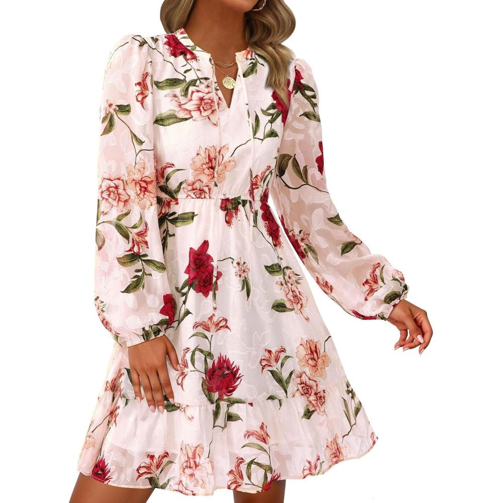 imagePRETTYGARDEN Womens Fall Boho Dresses 2026 Floral Long Sleeve V Neck Mini Flowy Wedding Guest Dress Trendy Vacation OutfitsFloral Pink Multicolored