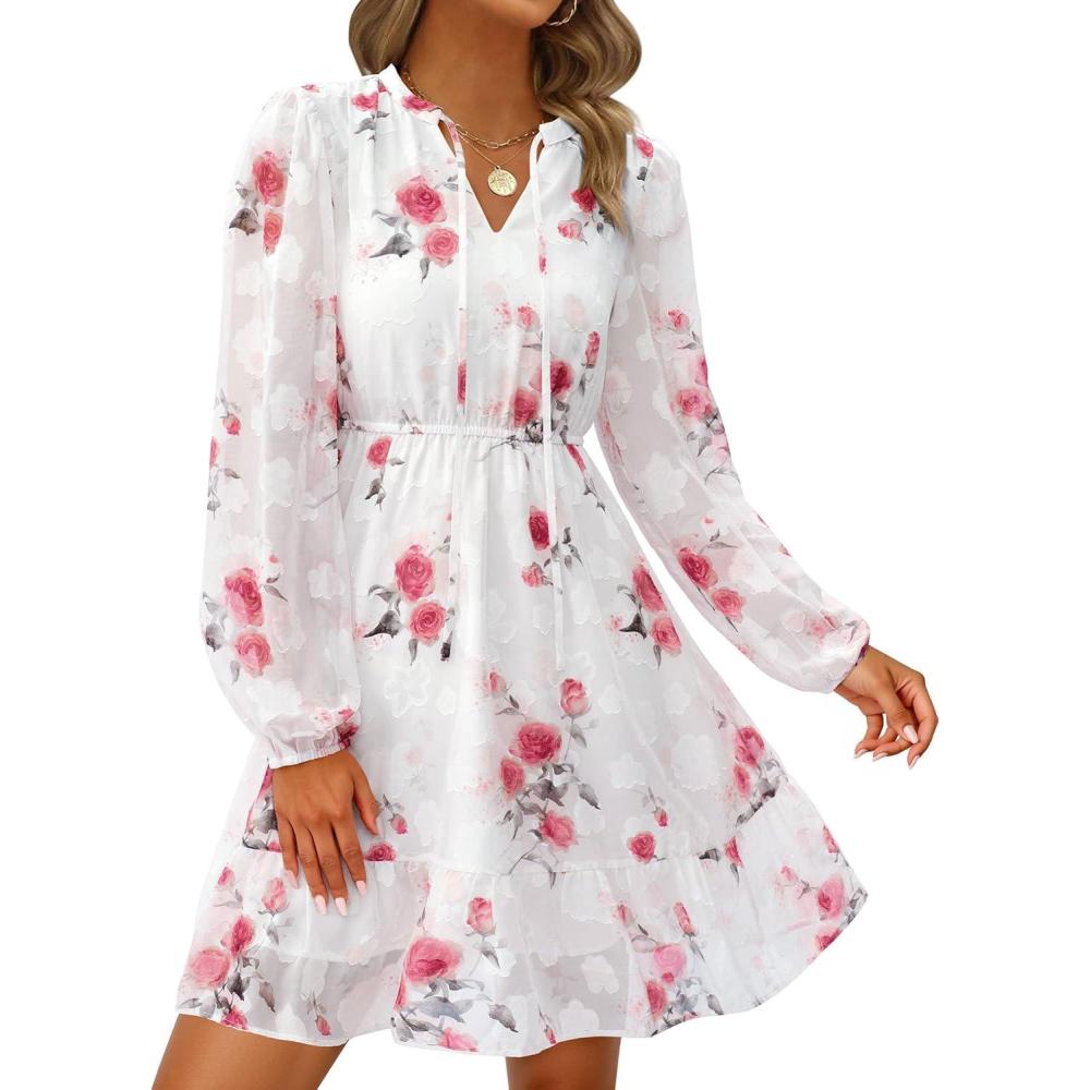 imagePRETTYGARDEN Womens Fall Boho Dresses 2026 Floral Long Sleeve V Neck Mini Flowy Wedding Guest Dress Trendy Vacation OutfitsFloral White Red