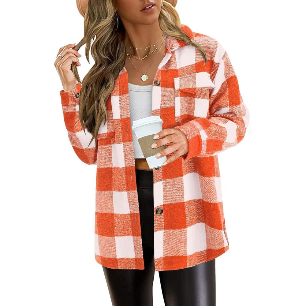 imagePRETTYGARDEN Womens Fall Clothes Plaid Shacket Jacket Trendy Casual Long Sleeve Button Down Flannel Shirts Fashion BlousePlaid Orange White