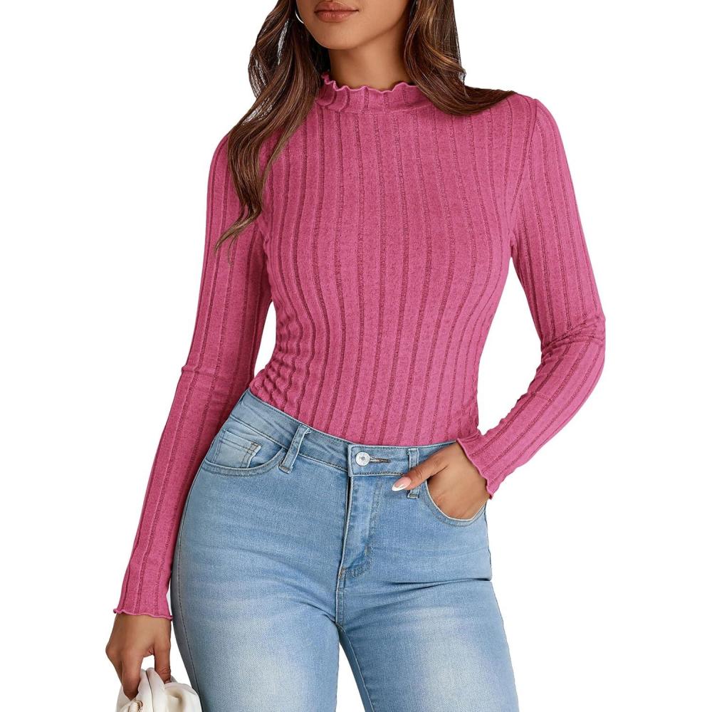 imagePRETTYGARDEN Womens Fall Long Sleeve T Shirts Casual Crew Neck Ribbed Knit Fitted Basic Plain Tee Tops Blouse Hot PinkMedium
