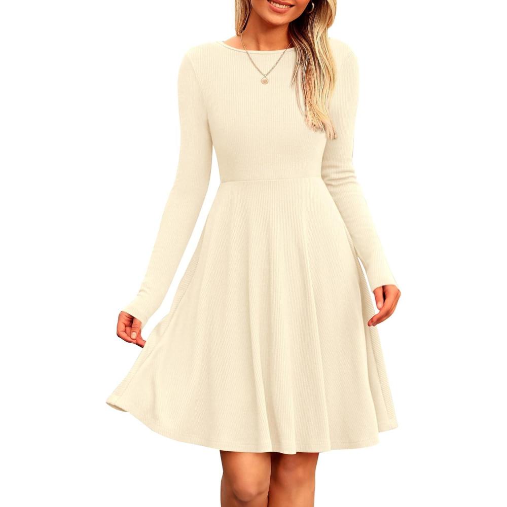 imagePRETTYGARDEN Womens Fall Short Dress Ribbed Knit Crewneck Long Sleeve A Line Flowy Casual Elegant Going Out Winter DressesBeige