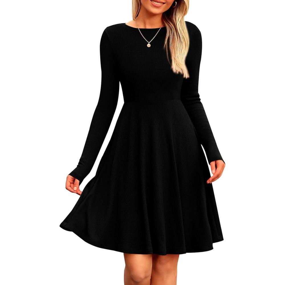 imagePRETTYGARDEN Womens Fall Short Dress Ribbed Knit Crewneck Long Sleeve A Line Flowy Casual Elegant Going Out Winter DressesBlack