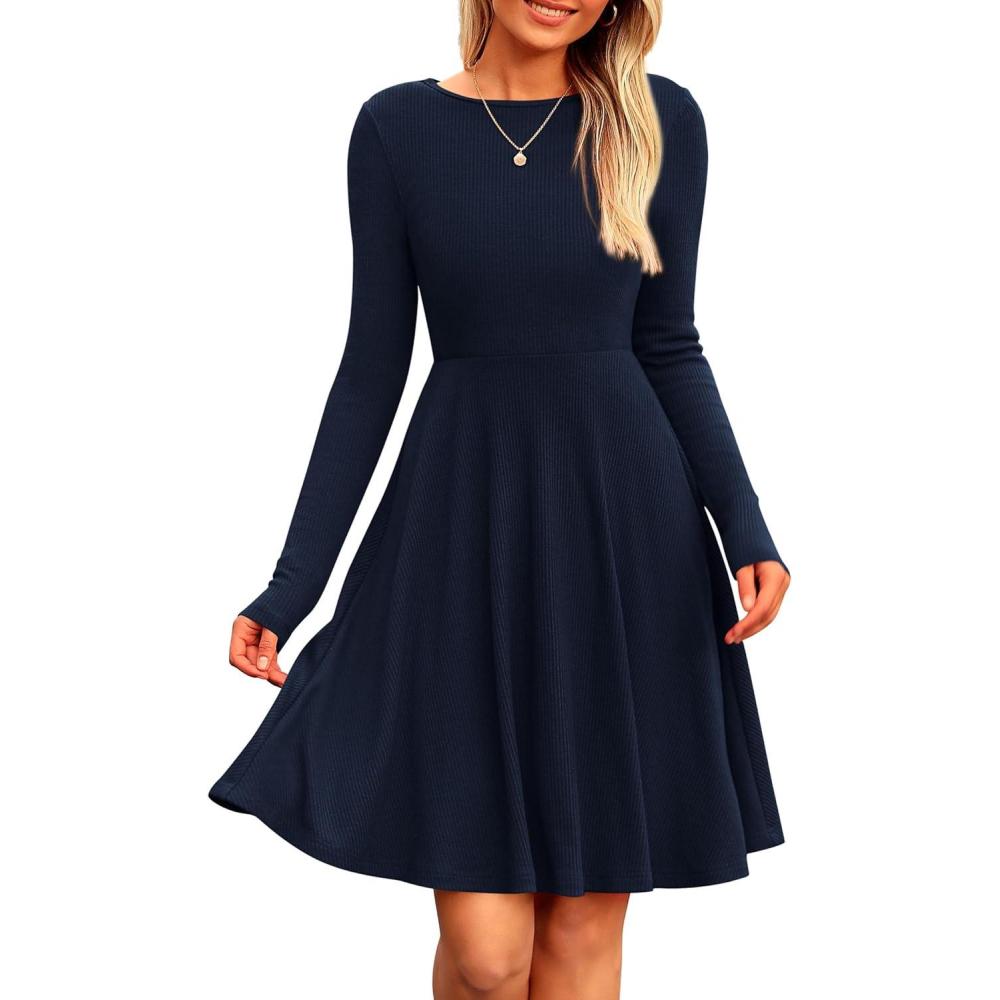 imagePRETTYGARDEN Womens Fall Short Dress Ribbed Knit Crewneck Long Sleeve A Line Flowy Casual Elegant Going Out Winter DressesNavy