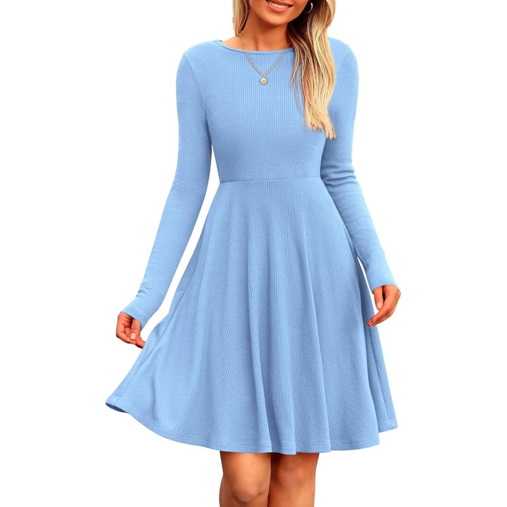 imagePRETTYGARDEN Womens Fall Short Dress Ribbed Knit Crewneck Long Sleeve A Line Flowy Casual Elegant Going Out Winter DressesSky Blue