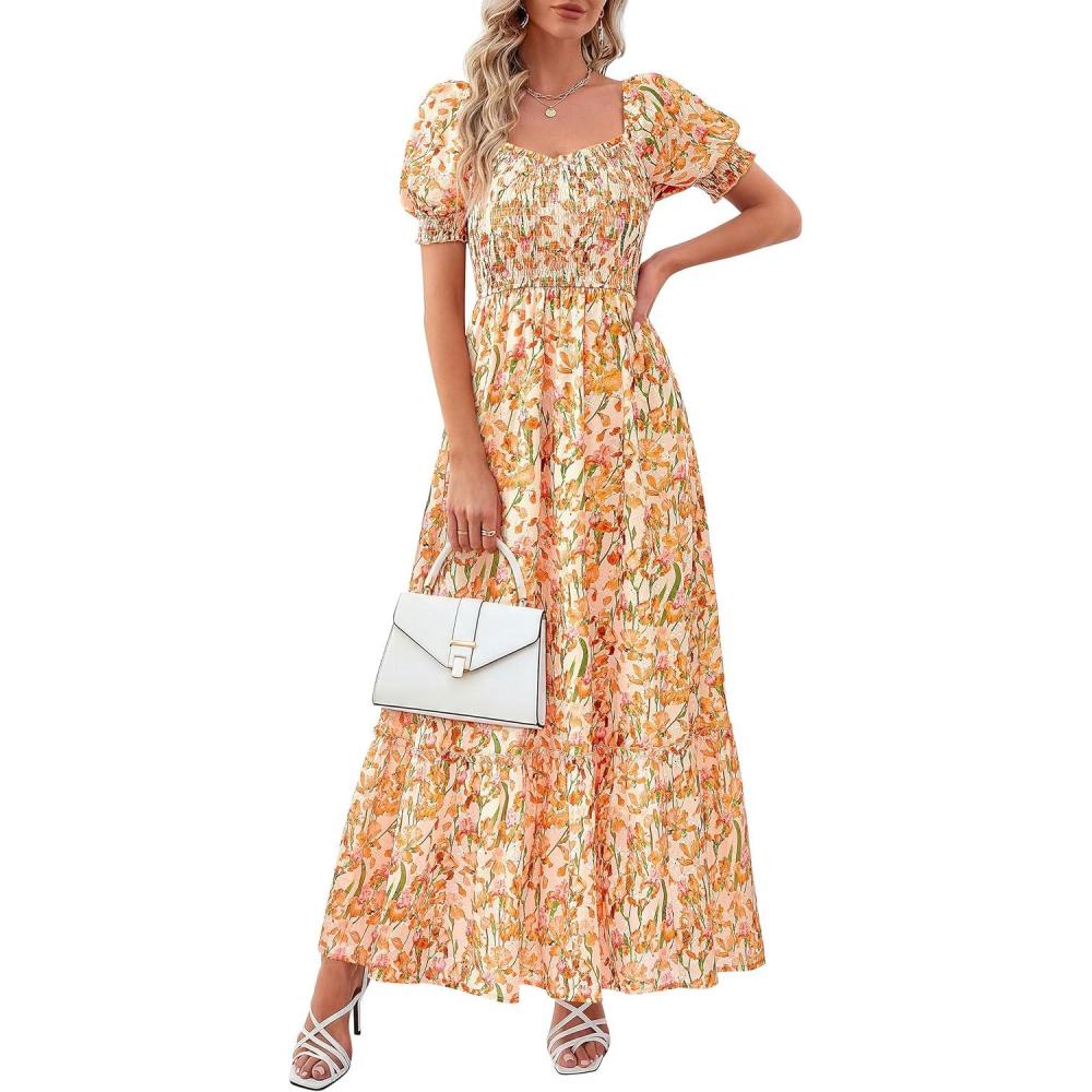imagePRETTYGARDEN Womens Floral Boho Maxi Dresses Flowy Short Sleeve A Line Smocked Eyelet 2026 Summer Beach Vacation ClothesFloral White Orange Yellow