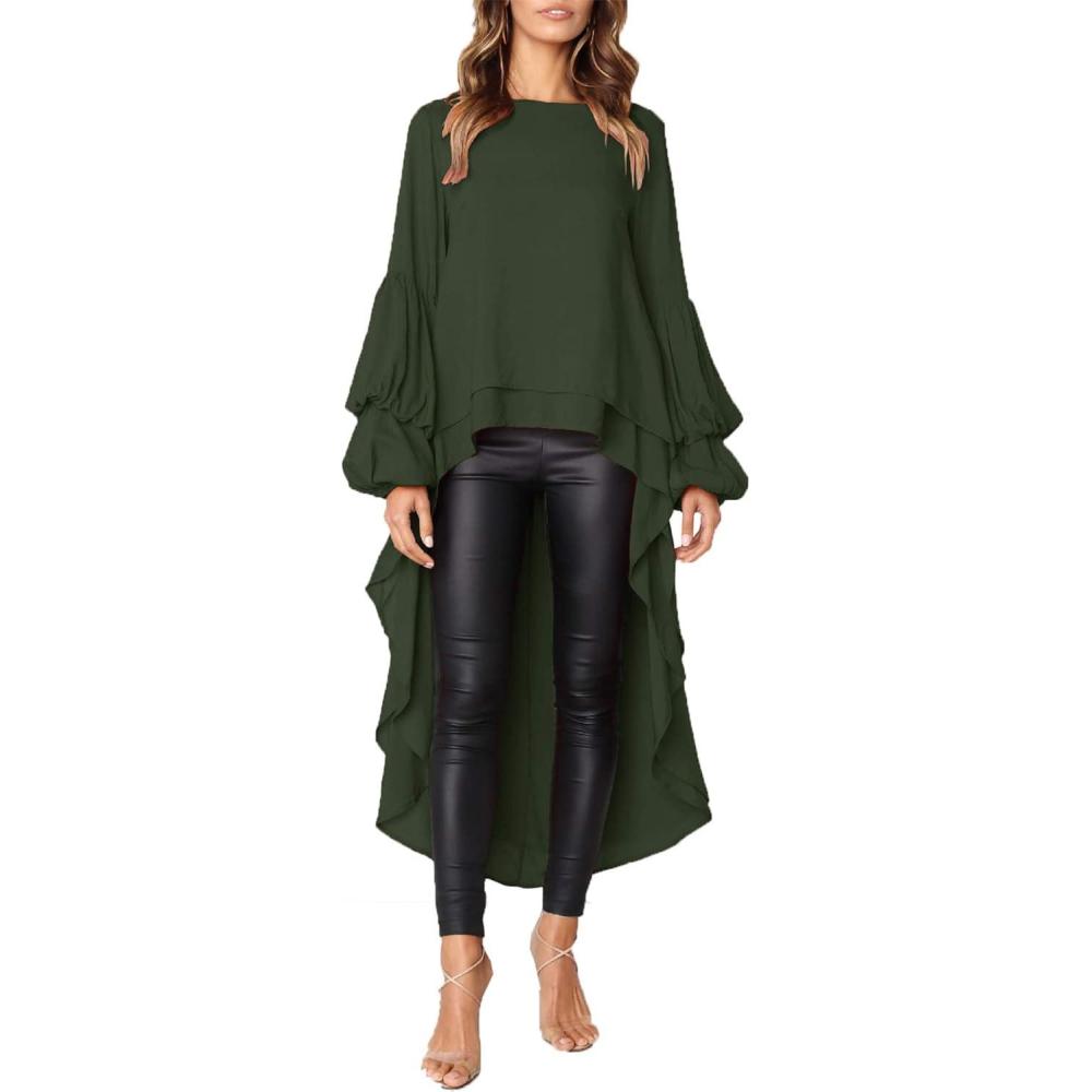 imagePRETTYGARDEN Womens Lantern Long Sleeve Round Neck High Low Asymmetrical Irregular Hem Casual Tops Blouse Shirt DressArmy Green
