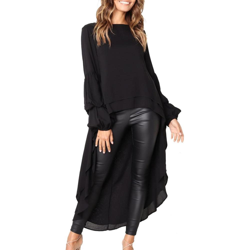 imagePRETTYGARDEN Womens Lantern Long Sleeve Round Neck High Low Asymmetrical Irregular Hem Casual Tops Blouse Shirt DressBlack