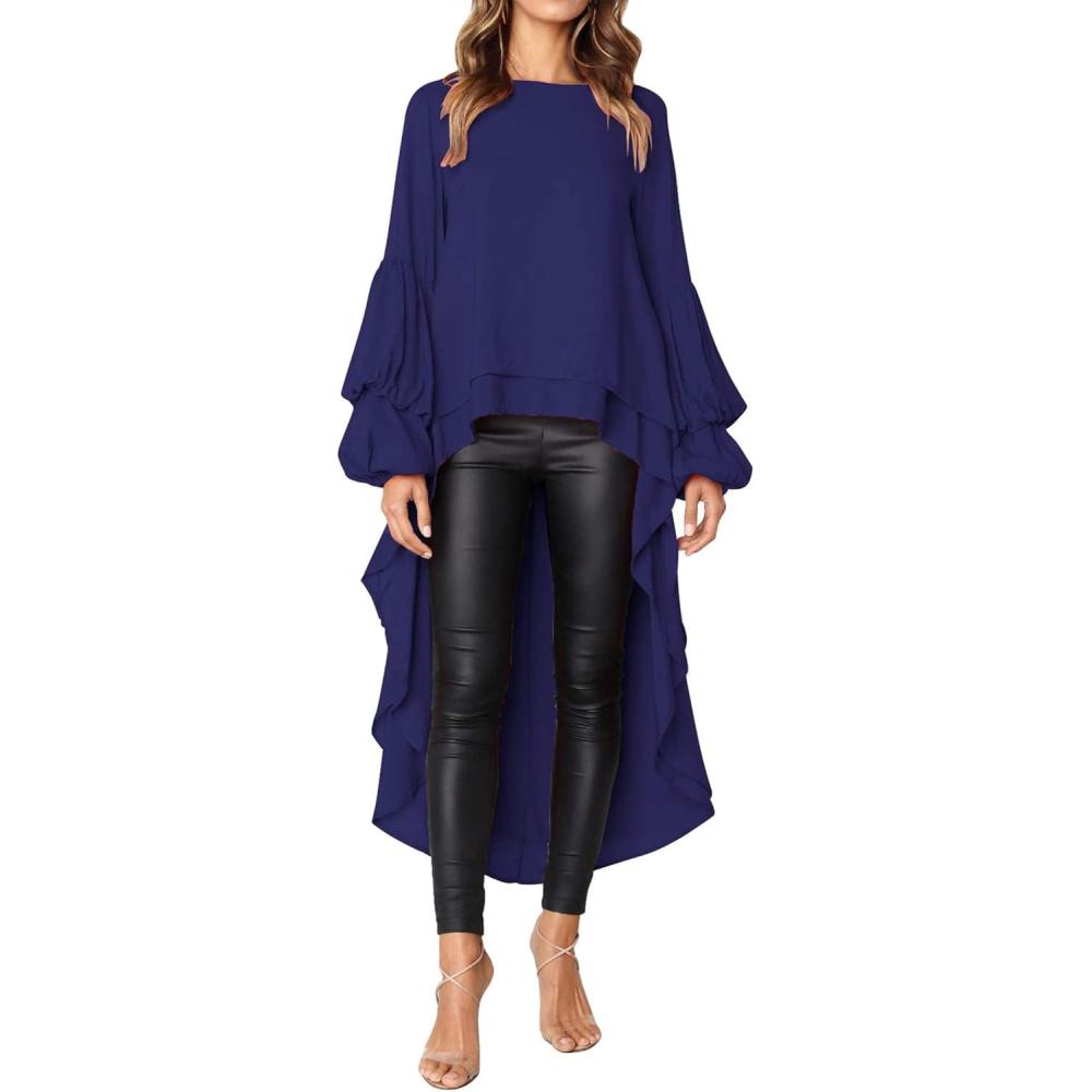 imagePRETTYGARDEN Womens Lantern Long Sleeve Round Neck High Low Asymmetrical Irregular Hem Casual Tops Blouse Shirt DressBlue