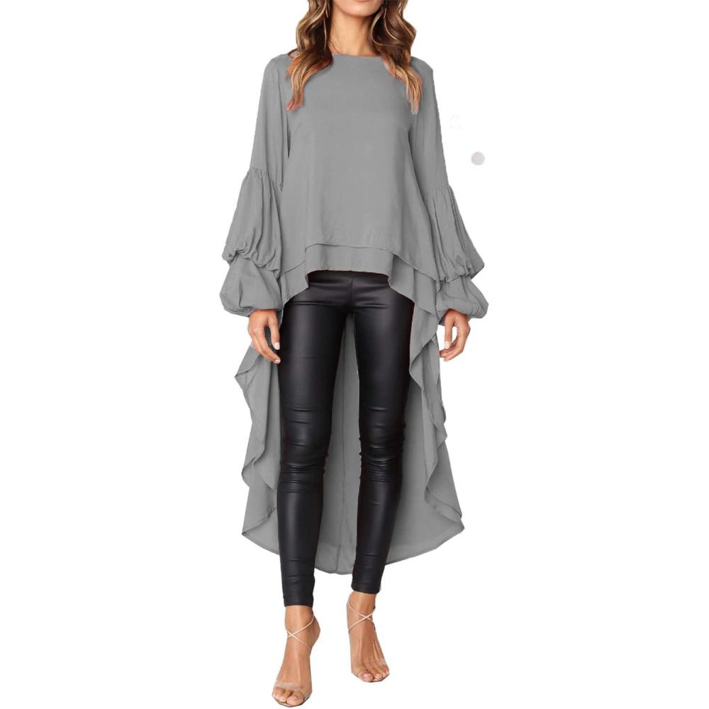 imagePRETTYGARDEN Womens Lantern Long Sleeve Round Neck High Low Asymmetrical Irregular Hem Casual Tops Blouse Shirt DressGrey