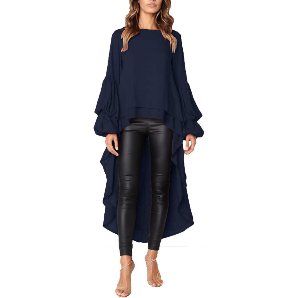 imagePRETTYGARDEN Womens Lantern Long Sleeve Round Neck High Low Asymmetrical Irregular Hem Casual Tops Blouse Shirt DressNavy