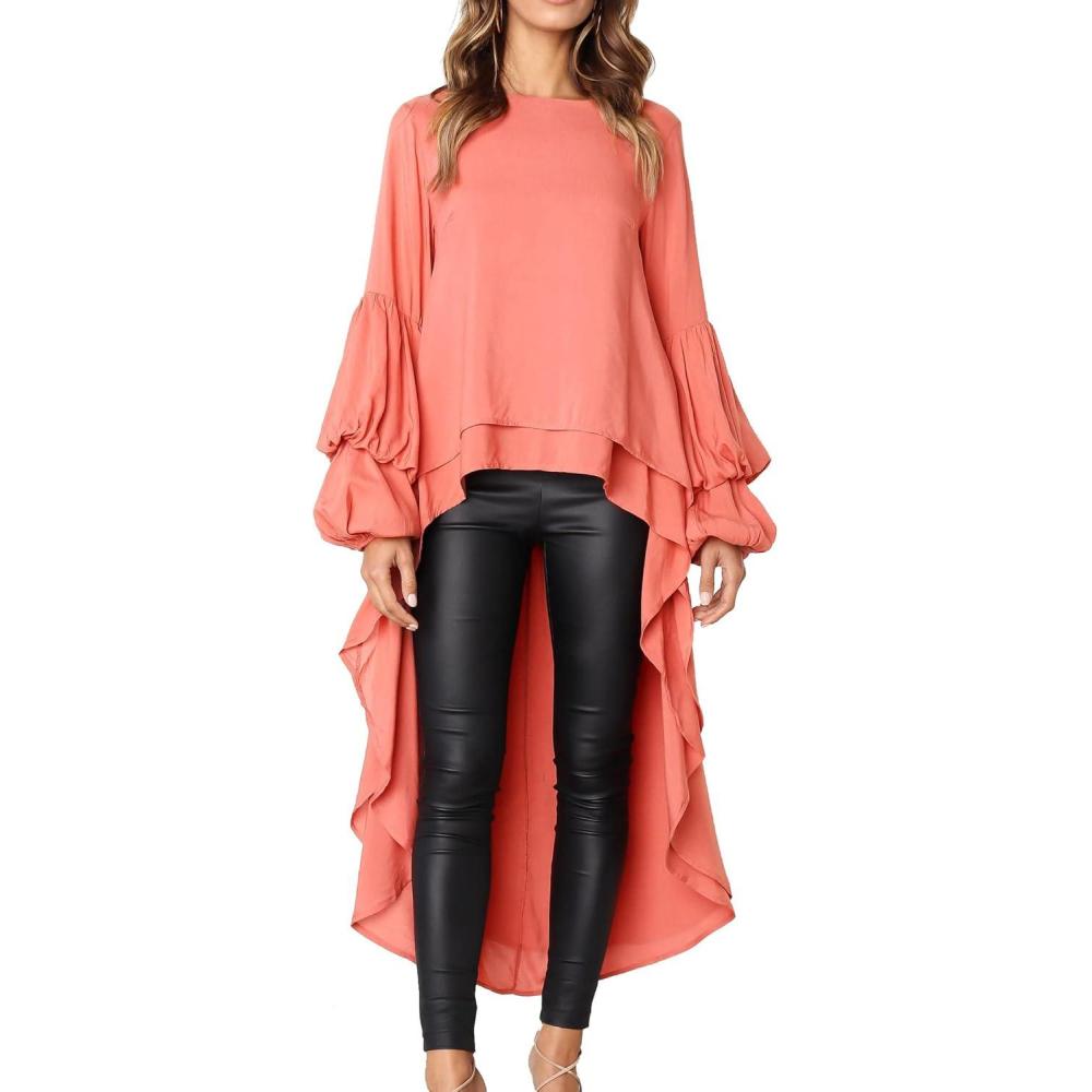 imagePRETTYGARDEN Womens Lantern Long Sleeve Round Neck High Low Asymmetrical Irregular Hem Casual Tops Blouse Shirt DressOrange