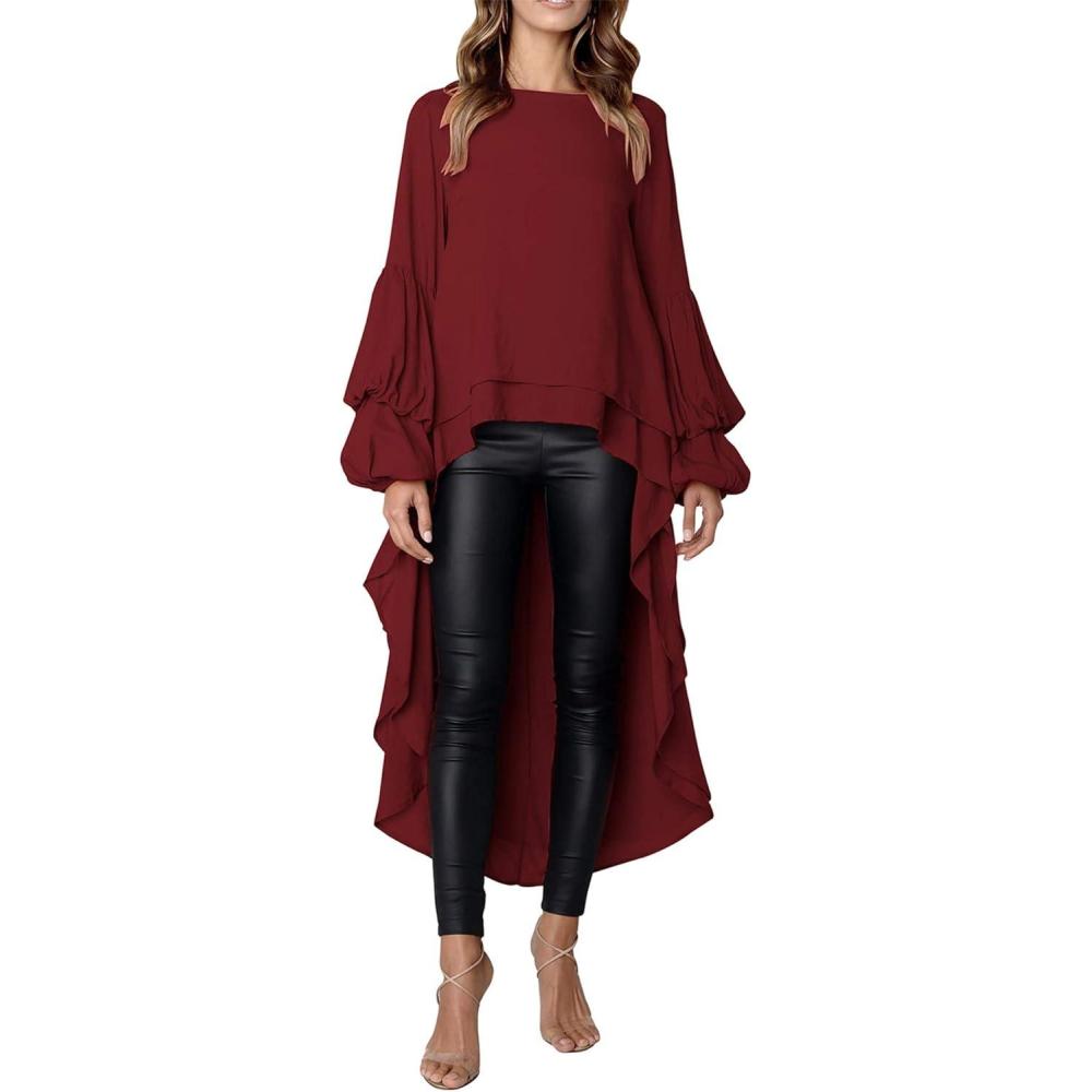 imagePRETTYGARDEN Womens Lantern Long Sleeve Round Neck High Low Asymmetrical Irregular Hem Casual Tops Blouse Shirt DressWine Red