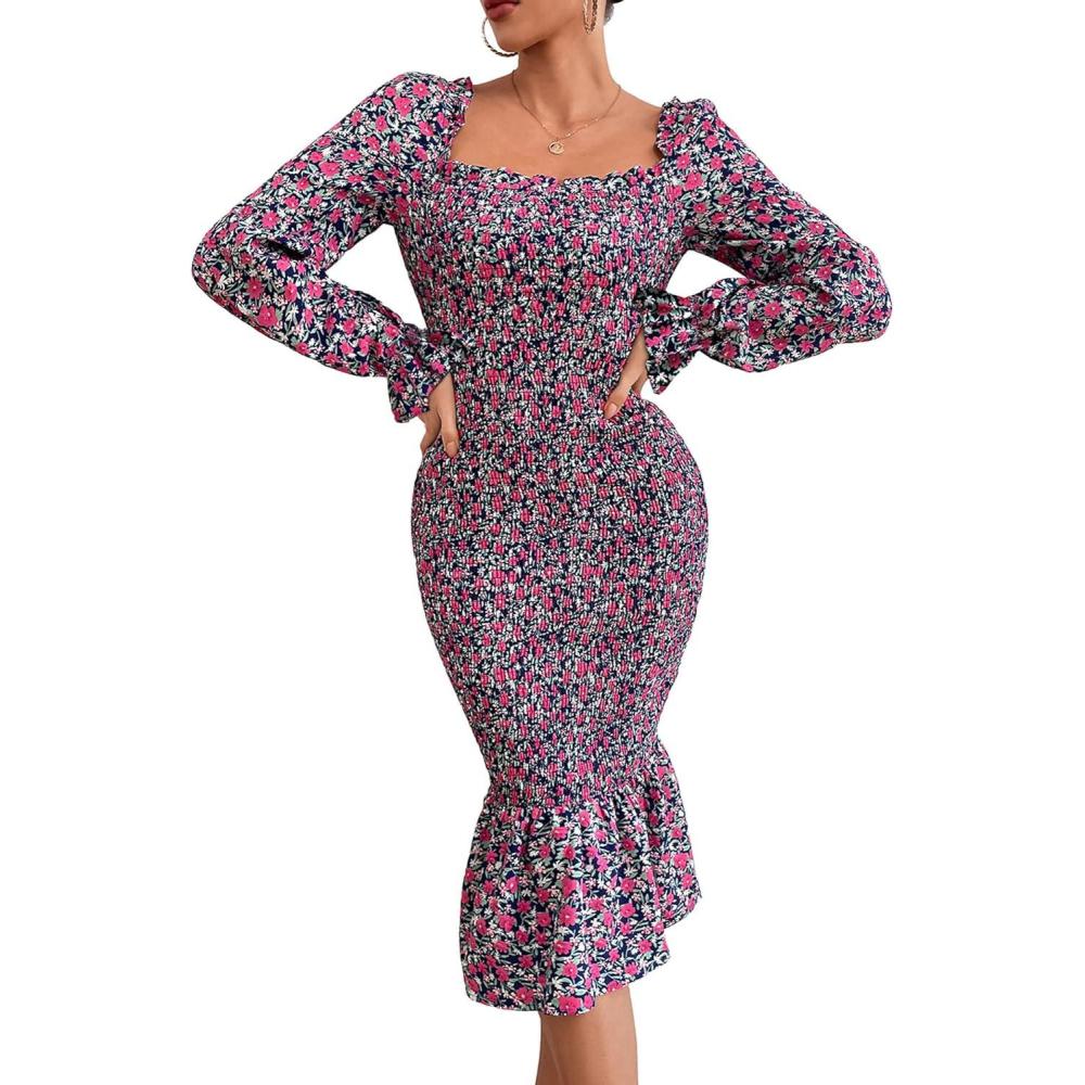 imagePRETTYGARDEN Womens Long Puff Sleeve Floral Midi Bodycon Dresses Square Neck Ruffle Mermaid Smocked DressBlue Purple