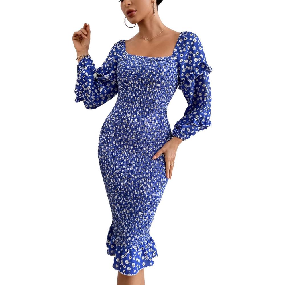 imagePRETTYGARDEN Womens Long Puff Sleeve Floral Midi Bodycon Dresses Square Neck Ruffle Mermaid Smocked DressBlue White