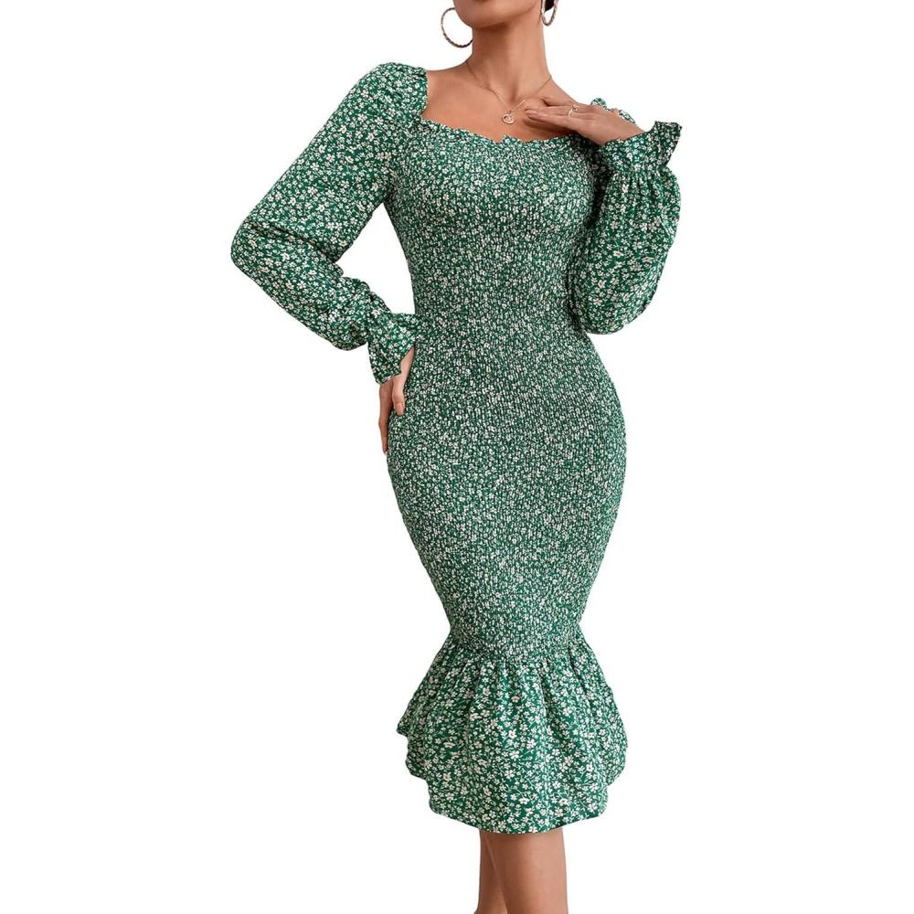 imagePRETTYGARDEN Womens Long Puff Sleeve Floral Midi Bodycon Dresses Square Neck Ruffle Mermaid Smocked DressGreen