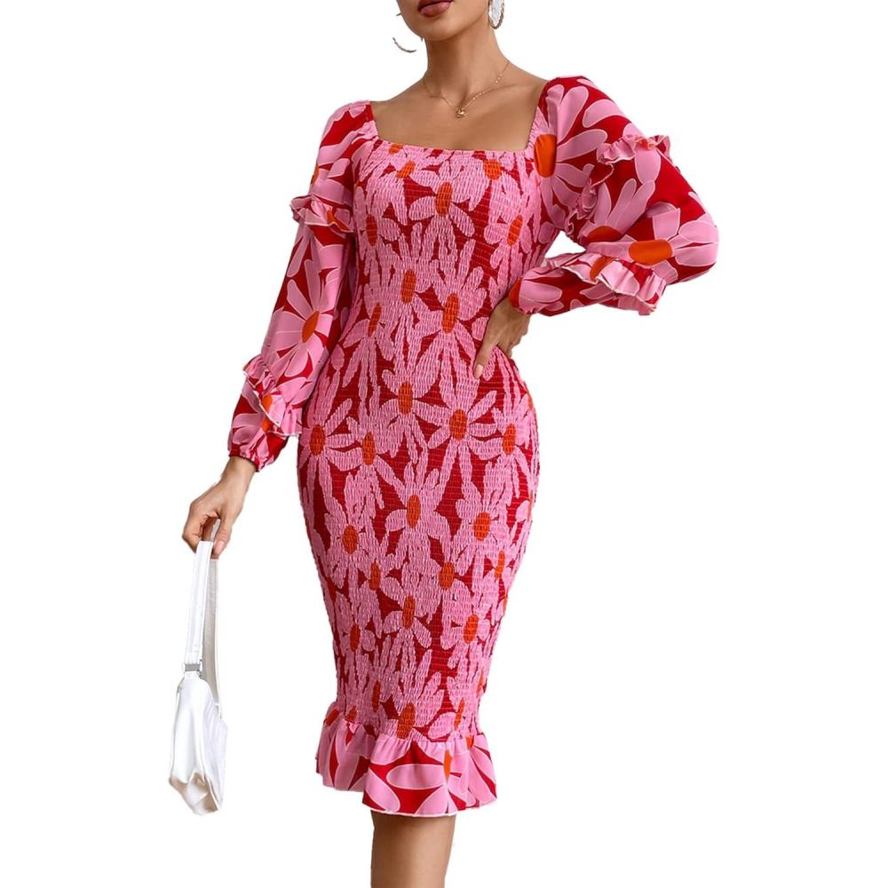 imagePRETTYGARDEN Womens Long Puff Sleeve Floral Midi Bodycon Dresses Square Neck Ruffle Mermaid Smocked DressRed Floral
