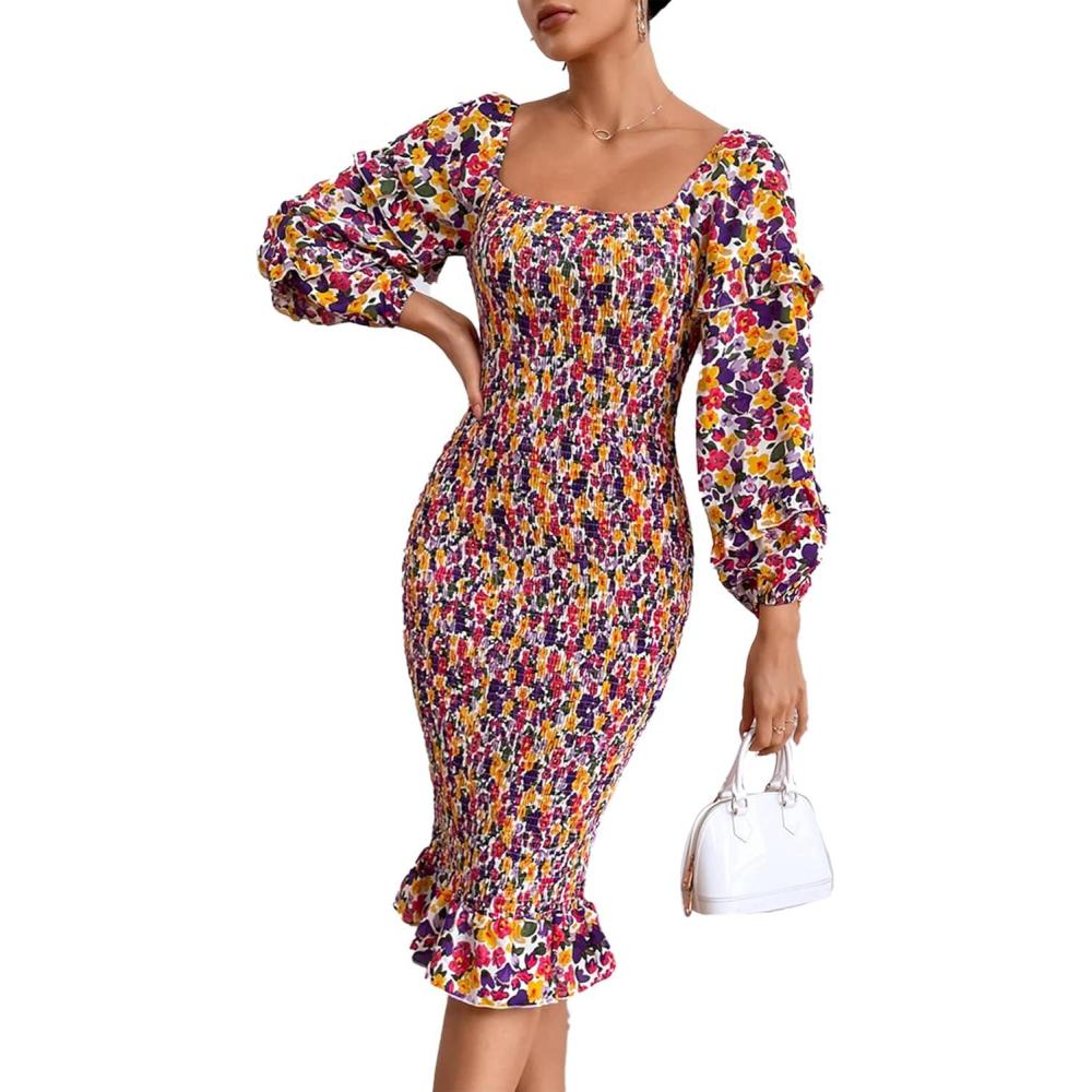 imagePRETTYGARDEN Womens Long Puff Sleeve Floral Midi Bodycon Dresses Square Neck Ruffle Mermaid Smocked DressWhite Purple