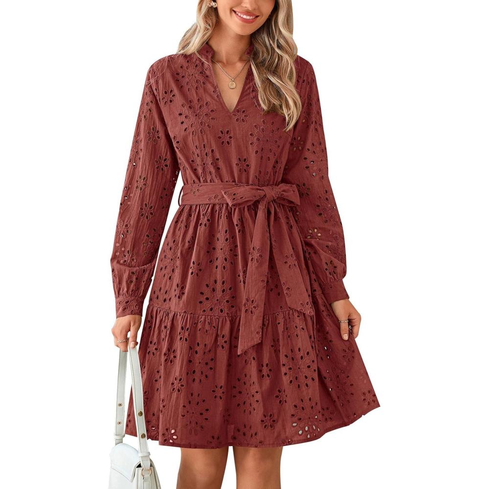 imagePRETTYGARDEN Womens Long Sleeve Spring Dress 2025 Casual Fall V Neck A Line Hollow Out Eyelet Wedding Guest Short DressesBrown Red