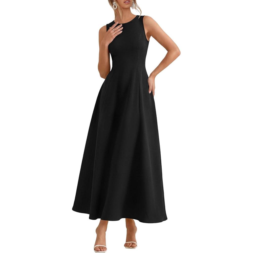 imagePRETTYGARDEN Womens Maxi Dress Summer Wedding Guest 2026 Spring A Line Long Tank Flowy Modest Sleeveless Cocktail DressesBlack