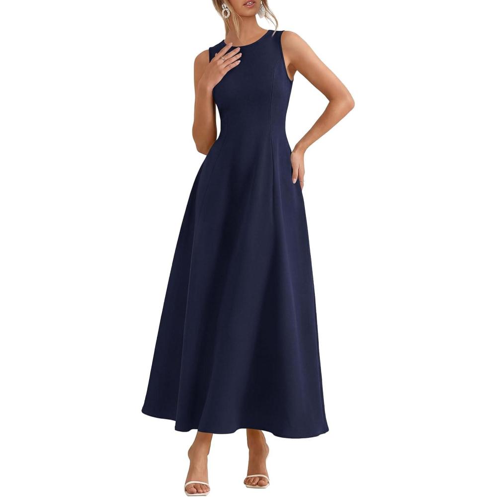 imagePRETTYGARDEN Womens Maxi Dress Summer Wedding Guest 2026 Spring A Line Long Tank Flowy Modest Sleeveless Cocktail DressesNavy Blue