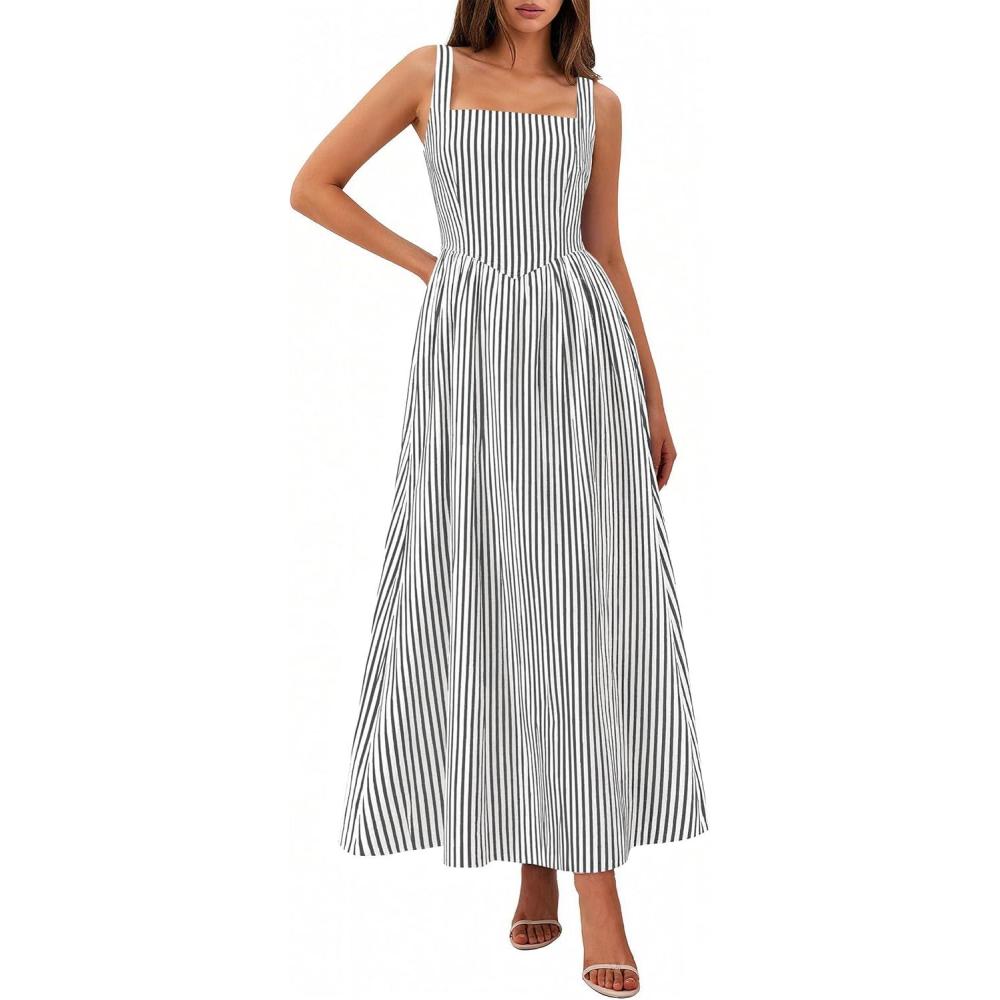 imagePRETTYGARDEN Womens Maxi Striped Dress 2026 Summer Sleeveless Square Neck Smocked A Line Long Flowy Spring Vacation SundressBlack Striped