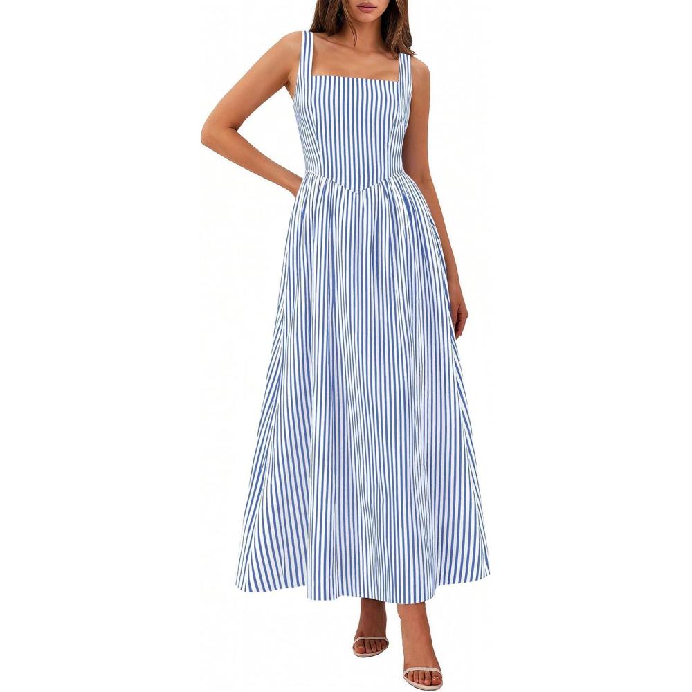 imagePRETTYGARDEN Womens Maxi Striped Dress 2026 Summer Sleeveless Square Neck Smocked A Line Long Flowy Spring Vacation SundressDark Blue Striped