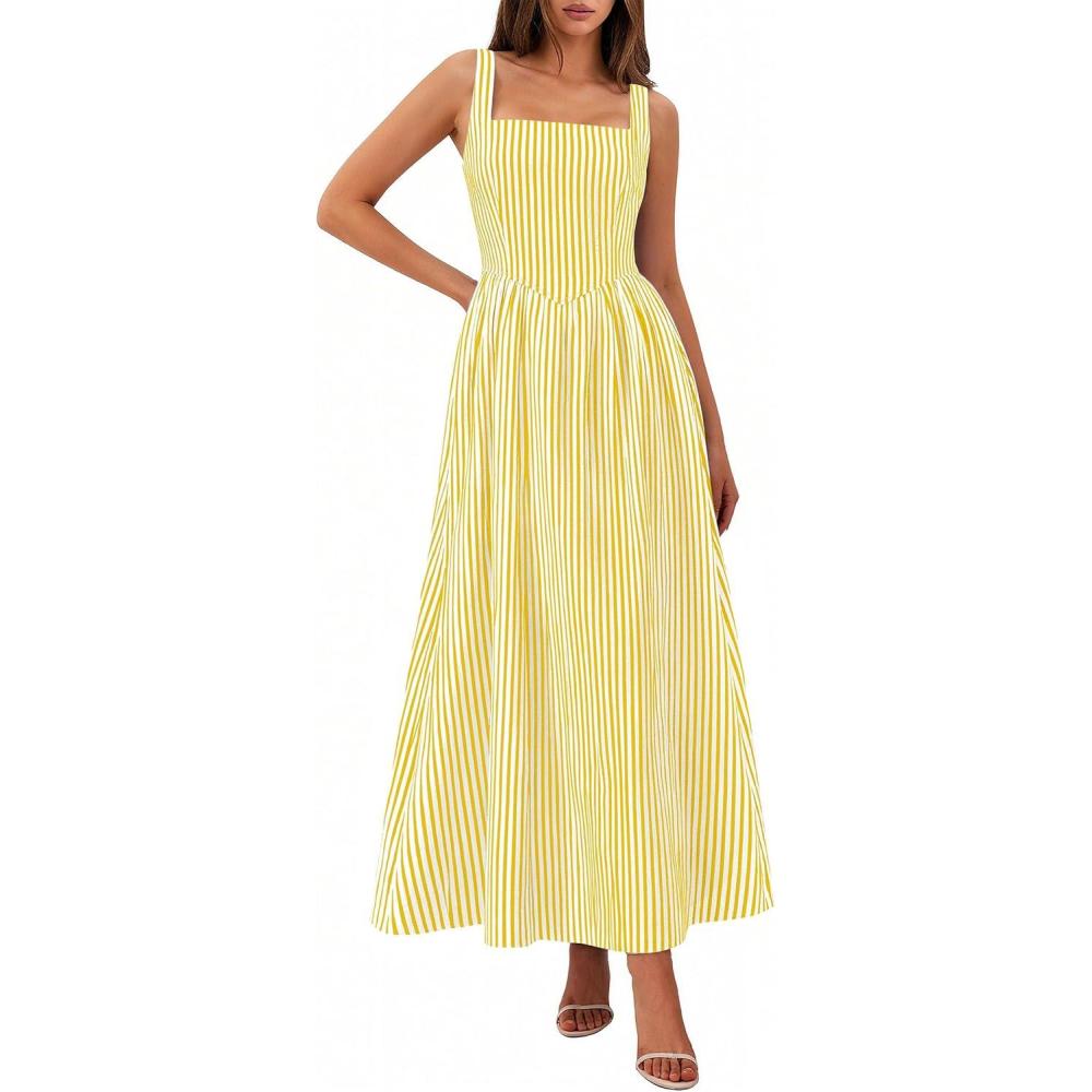 imagePRETTYGARDEN Womens Maxi Striped Dress 2026 Summer Sleeveless Square Neck Smocked A Line Long Flowy Spring Vacation SundressYellow Striped