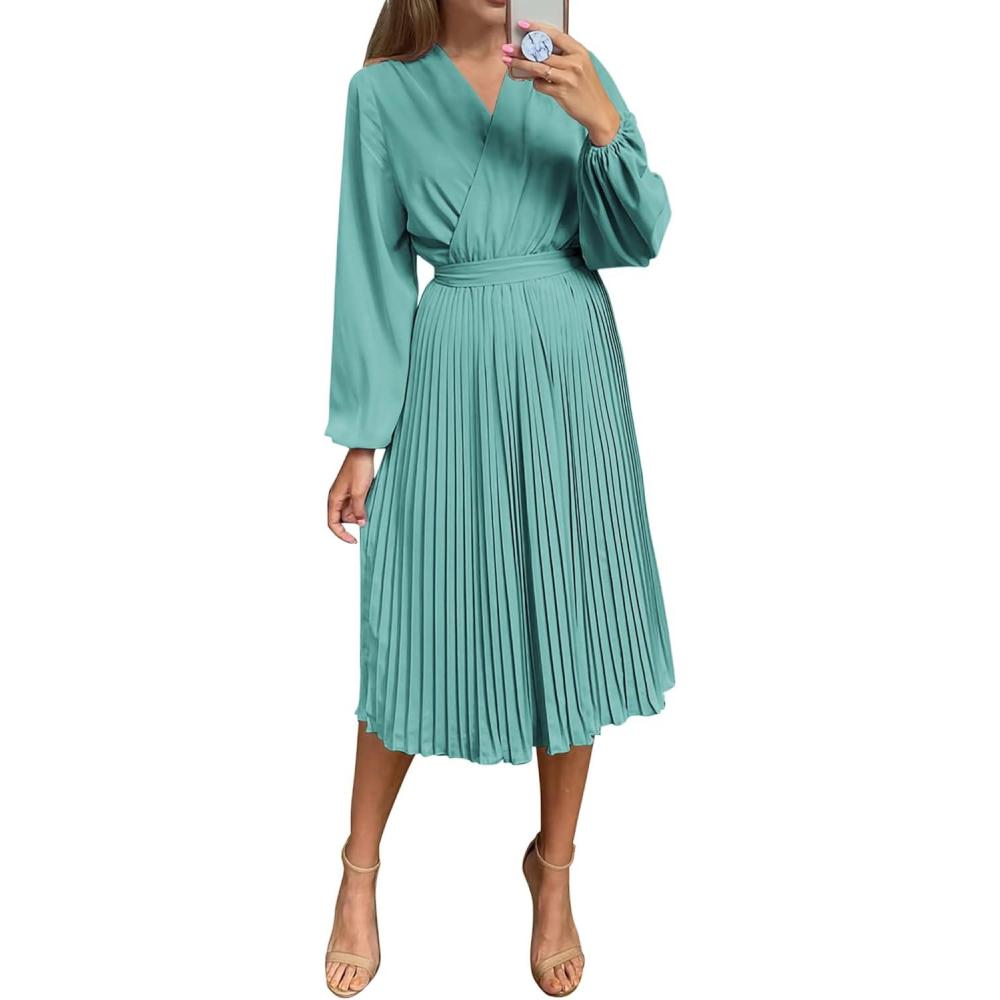 imagePRETTYGARDEN Womens Spring Midi Dress Long Puff Sleeve Wrap V Neck Flowy Ruffle Pleated Casual Fall DressesCyan