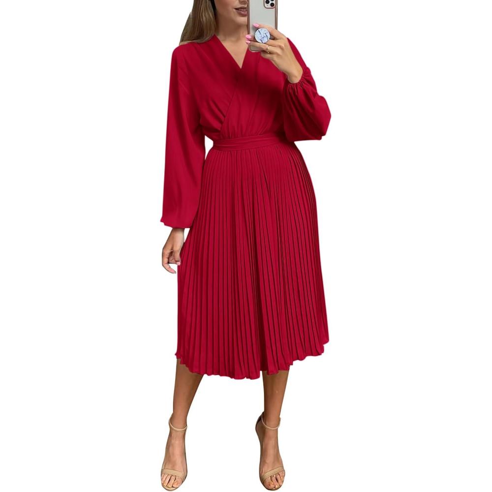 imagePRETTYGARDEN Womens Spring Midi Dress Long Puff Sleeve Wrap V Neck Flowy Ruffle Pleated Casual Fall DressesRed
