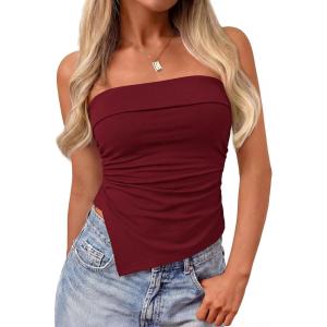 PRETTYGARDEN Going Out Tube Tops for Women Trendy Summer 2026 Asymmetrical Ruched Strapless Bandeau Shirts Spring Clothes(Burgundy)