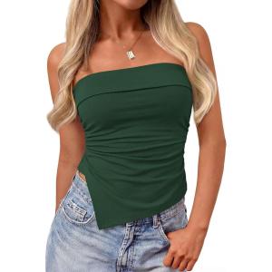 PRETTYGARDEN Going Out Tube Tops for Women Trendy Summer 2026 Asymmetrical Ruched Strapless Bandeau Shirts Spring Clothes(Green)