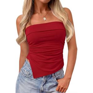 PRETTYGARDEN Going Out Tube Tops for Women Trendy Summer 2026 Asymmetrical Ruched Strapless Bandeau Shirts Spring Clothes(Red)