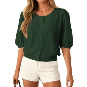 PRETTYGARDEN Puff Short Sleeve Cardigans for Women Lightweight 2026 Summer Shirts Button Up Knit Sweater Tops Spring Clothes(Army Green)