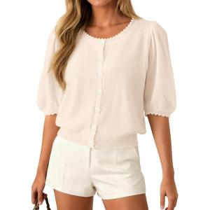 PRETTYGARDEN Puff Short Sleeve Cardigans for Women Lightweight 2026 Summer Shirts Button Up Knit Sweater Tops Spring Clothes(Beige)
