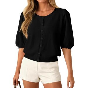 PRETTYGARDEN Puff Short Sleeve Cardigans for Women Lightweight 2026 Summer Shirts Button Up Knit Sweater Tops Spring Clothes(Black)