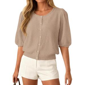 PRETTYGARDEN Puff Short Sleeve Cardigans for Women Lightweight 2026 Summer Shirts Button Up Knit Sweater Tops Spring Clothes(Khaki)