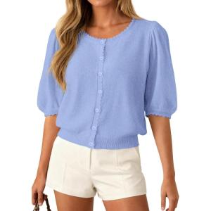 PRETTYGARDEN Puff Short Sleeve Cardigans for Women Lightweight 2026 Summer Shirts Button Up Knit Sweater Tops Spring Clothes(Light Blue)