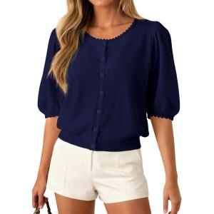 PRETTYGARDEN Puff Short Sleeve Cardigans for Women Lightweight 2026 Summer Shirts Button Up Knit Sweater Tops Spring Clothes(Navy Blue)