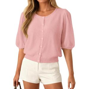 PRETTYGARDEN Puff Short Sleeve Cardigans for Women Lightweight 2026 Summer Shirts Button Up Knit Sweater Tops Spring Clothes(Pink)
