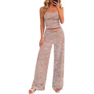 PRETTYGARDEN Summer Sets Women 2 Piece Outfits 2026 Matching Striped Loungewear Spring Airport Travel Beach Vacation Clothes(Brick Red)