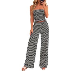 PRETTYGARDEN Summer Sets Women 2 Piece Outfits 2026 Matching Striped Loungewear Spring Airport Travel Beach Vacation Clothes(Grey Black)