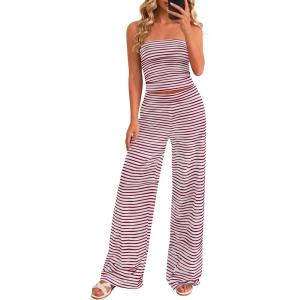 PRETTYGARDEN Summer Sets Women 2 Piece Outfits 2026 Matching Striped Loungewear Spring Airport Travel Beach Vacation Clothes(Grey Burgundy)