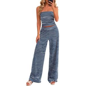 PRETTYGARDEN Summer Sets Women 2 Piece Outfits 2026 Matching Striped Loungewear Spring Airport Travel Beach Vacation Clothes(Navy Blue White)