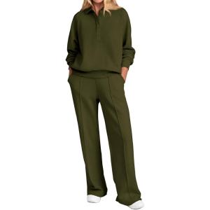 PRETTYGARDEN Women Fall 2 Piece Outfits Sweatsuits Quarter Button Long Sleeve Sweatshirt Wide Leg Pants Tracksuit Lounge Sets(Army Green)
