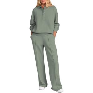PRETTYGARDEN Women Fall 2 Piece Outfits Sweatsuits Quarter Button Long Sleeve Sweatshirt Wide Leg Pants Tracksuit Lounge Sets(Bean Green)